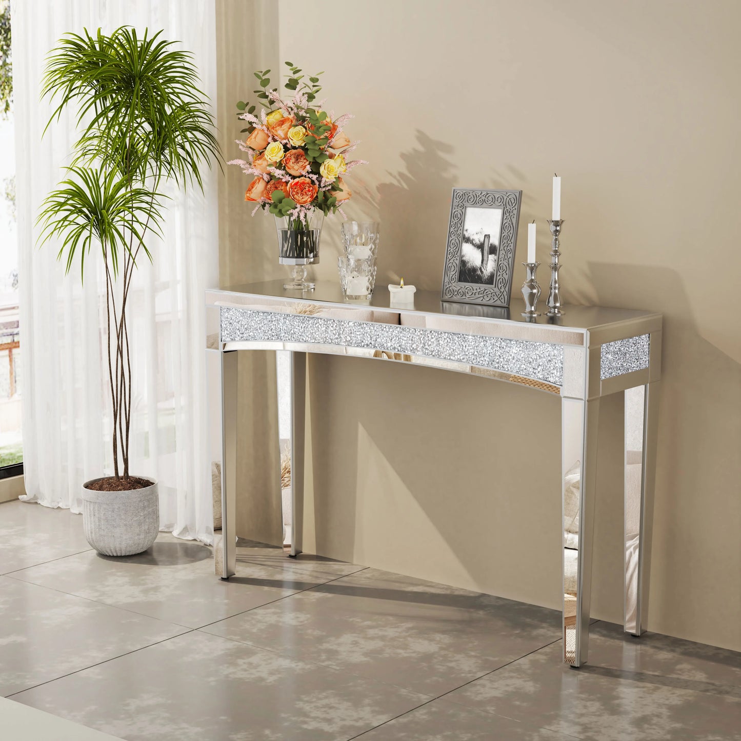 47.2" Mirrored Silver Console Table with Crystal Inlay