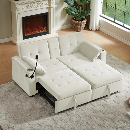70" Queen Size Pull-out Split-Type Sofa Bed with Cup/Phone Holder and Solid Wood Frame