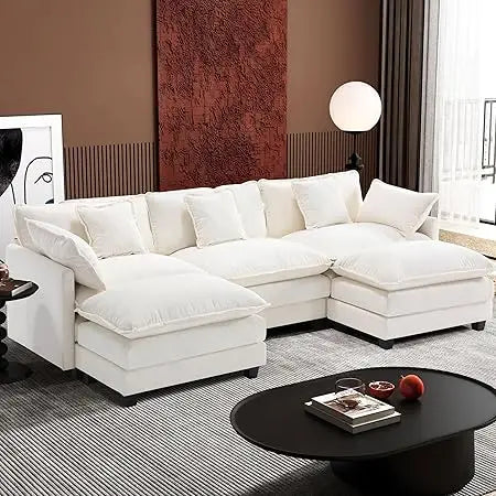 111.4" Modern 5-Seat U Shaped Chenille Deep Seat Cloud Sectional Sofa with 2 Ottoman and 5 Pillows