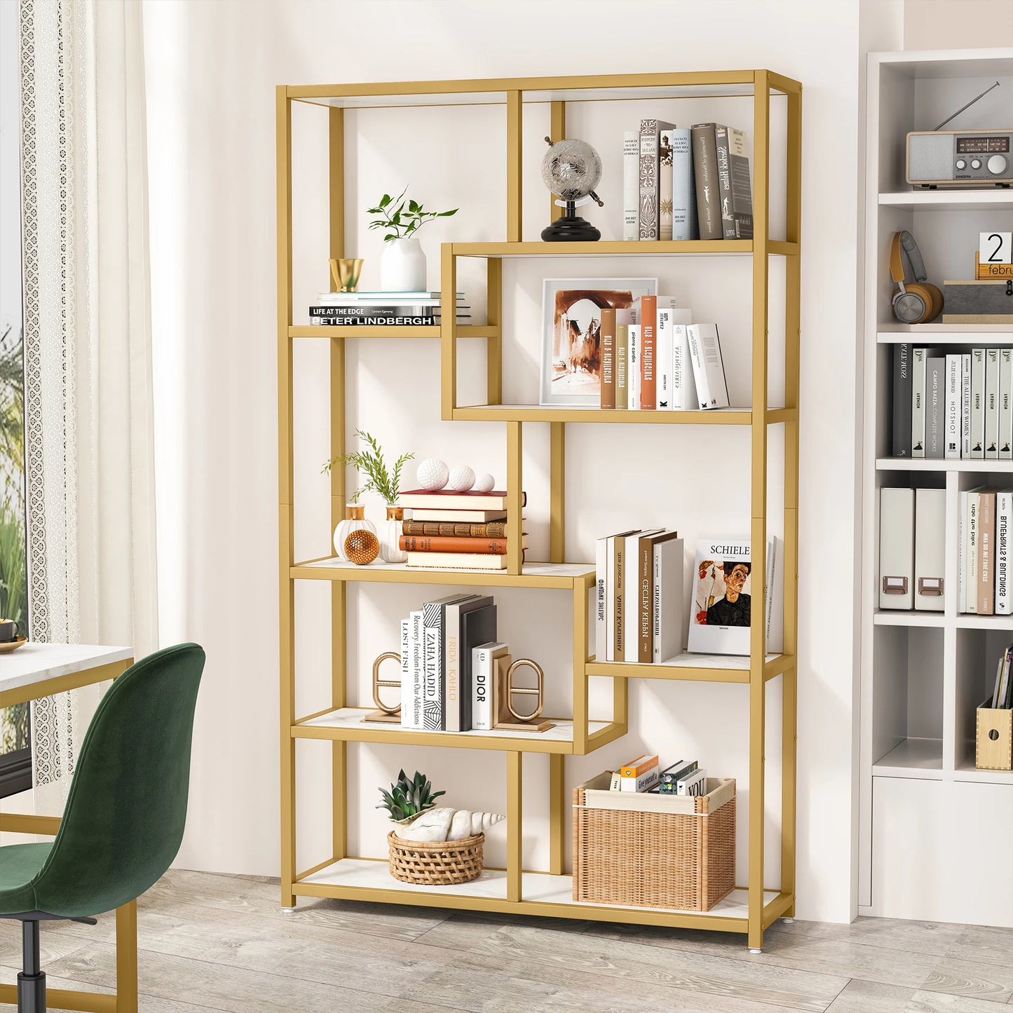 Tribesigns Modern 5 Tier Etagere Bookcase, Gold Display Rack with 8 Shelves