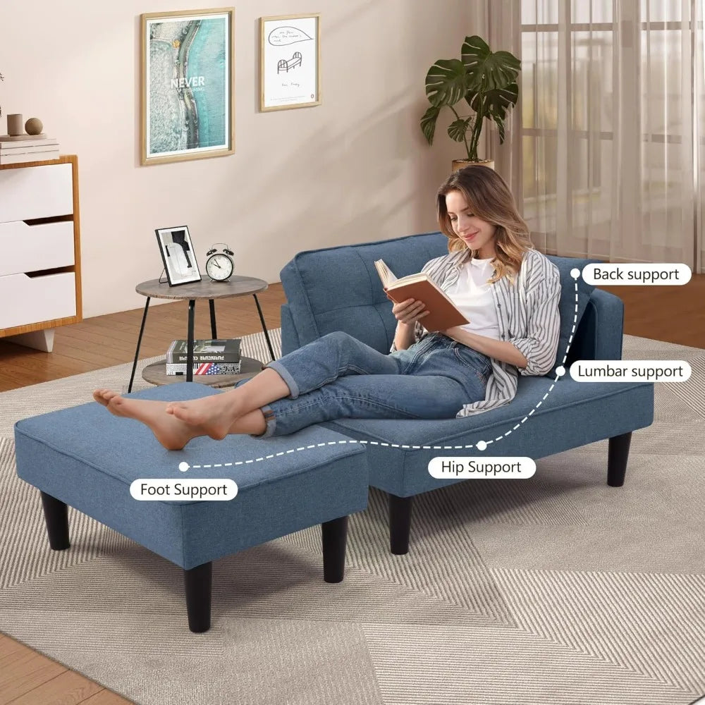 Modern Convertible Small Sectional Chaise with Ottoman & 2 Pillows