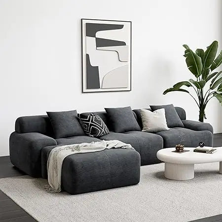 118" Modern L-Shaped Modular Sectional Sofa for Living Room, Corduroy Upholstery Dark Grey, Oversized 3-Seater Couch with Deep