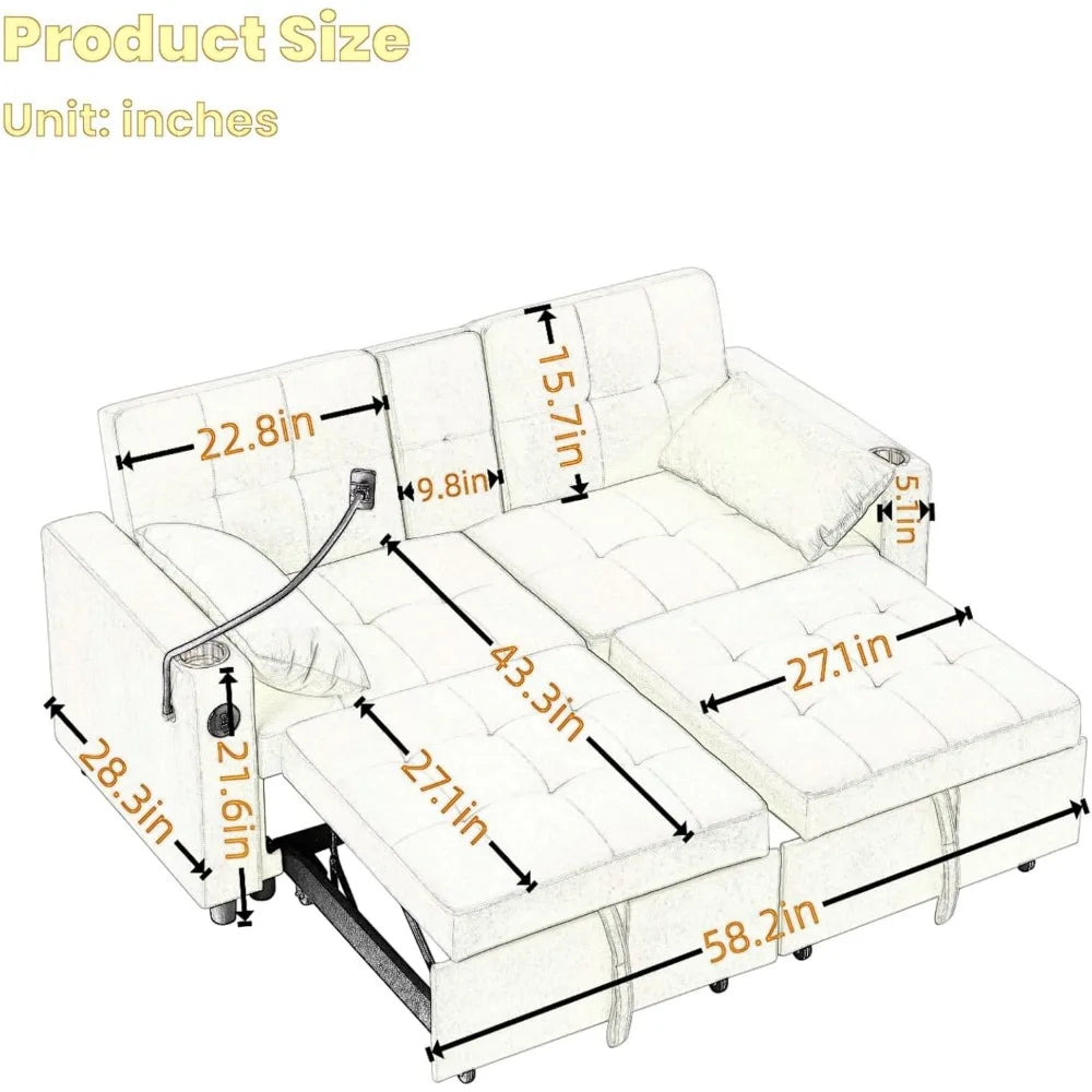 70" Queen Size Pull-out Split-Type Sofa Bed with Cup/Phone Holder and Solid Wood Frame