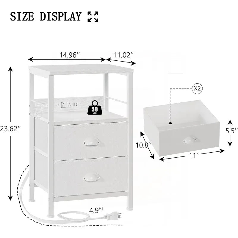 End Table/Night Stand with Charging Station and Fabric Drawers