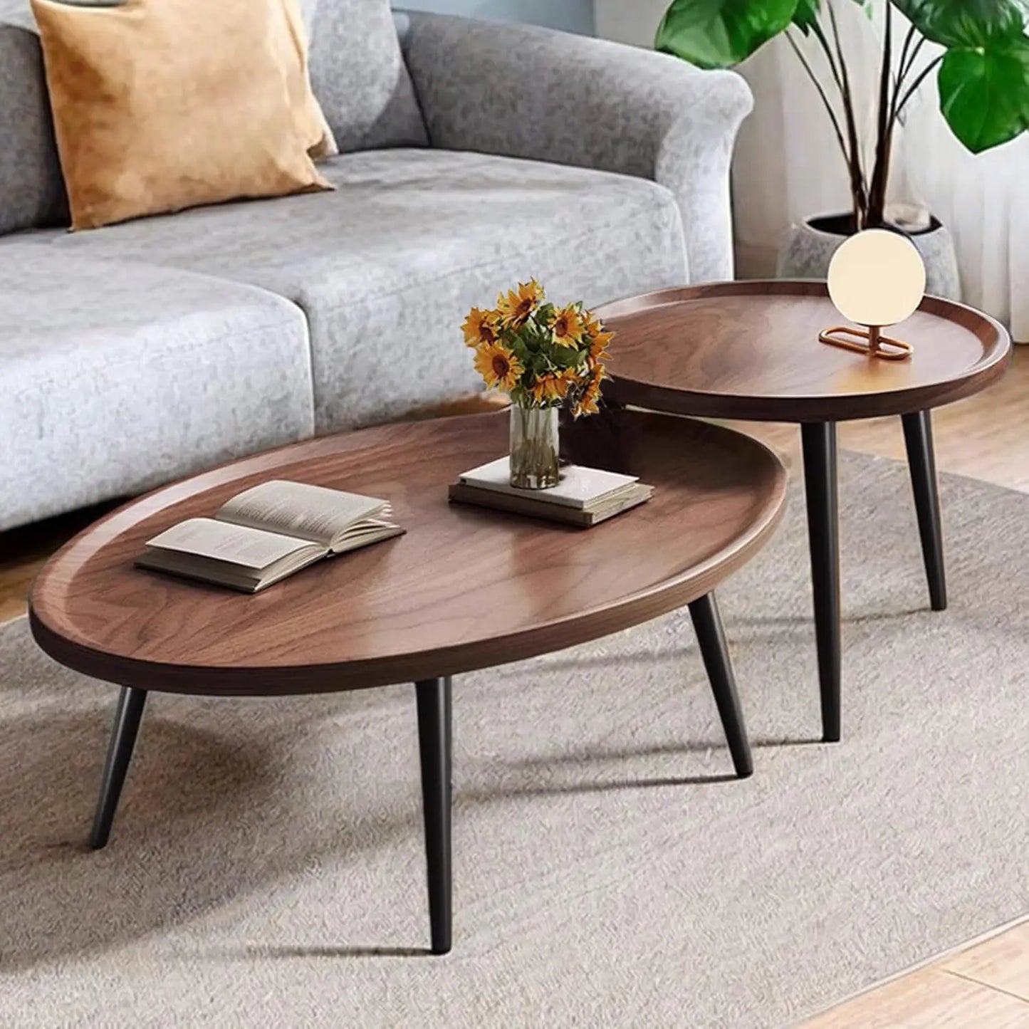 Mid-Century Modern Coffee Table, Oval + Round Side Table Set