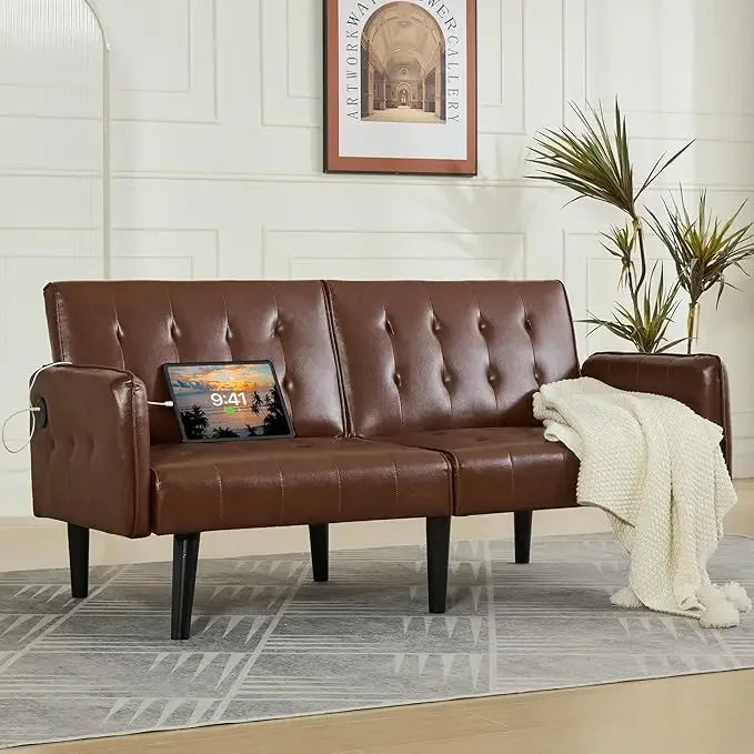 Faux Leather Convertible 65'' Folding Futon Sofa Bed w/ 2 USB, Loveseat for Small Spaces