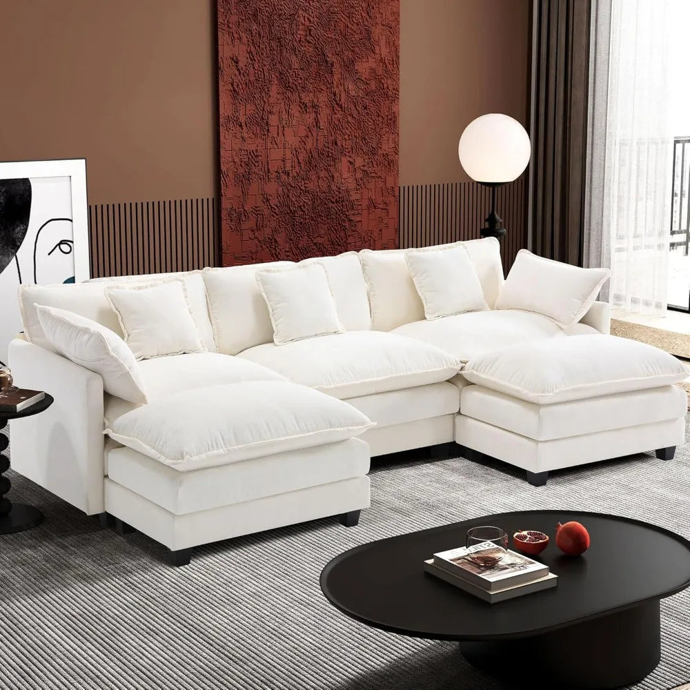 111.4" Modern 5-Seat U Shaped Chenille Deep Seat Cloud Sectional Sofa with 2 Ottoman and 5 Pillows