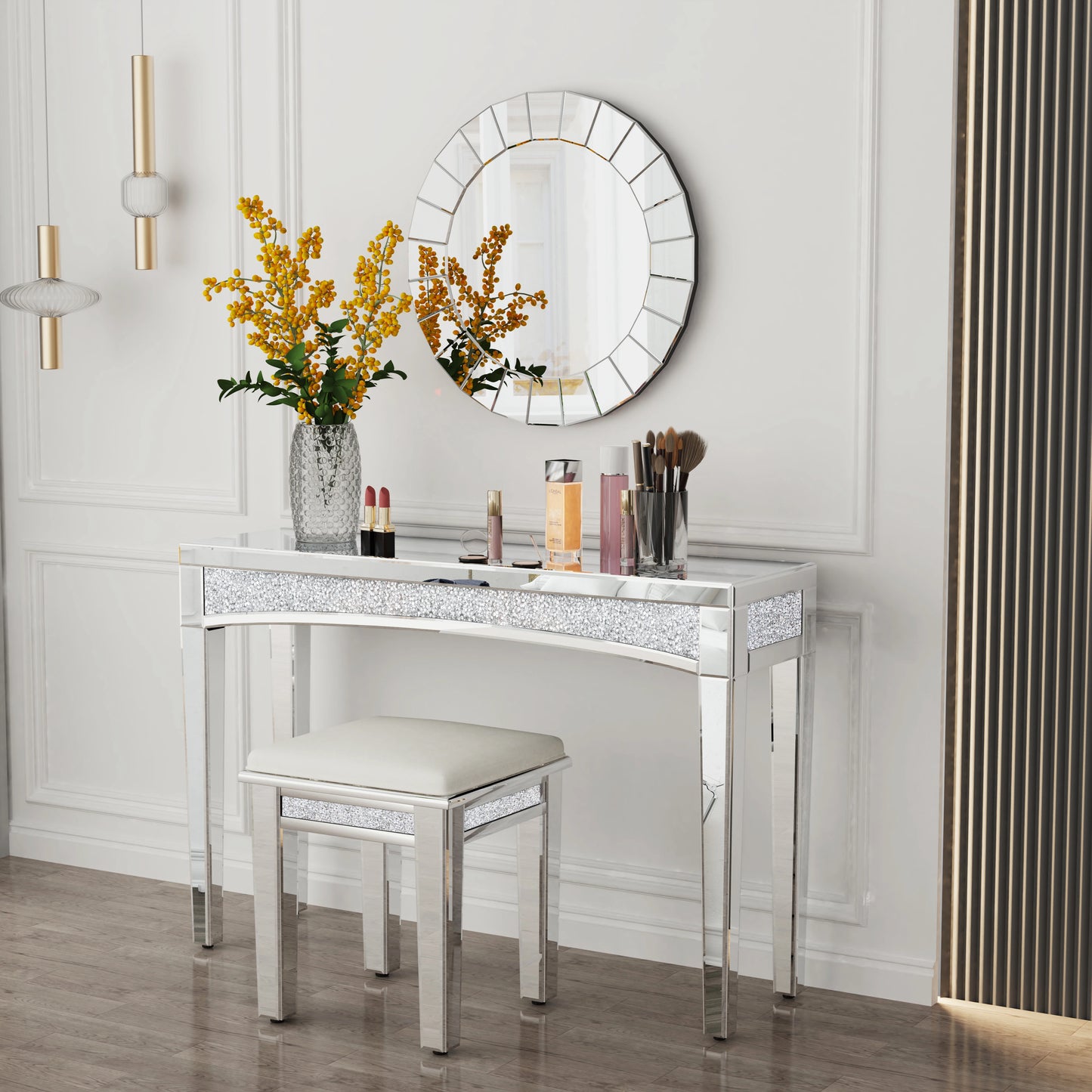 47.2" Mirrored Silver Console Table with Crystal Inlay