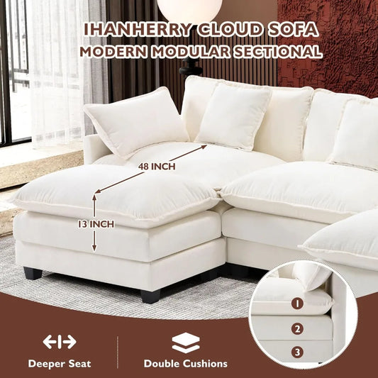 111.4" Modern 5-Seat U Shaped Chenille Deep Seat Cloud Sectional Sofa with 2 Ottoman and 5 Pillows