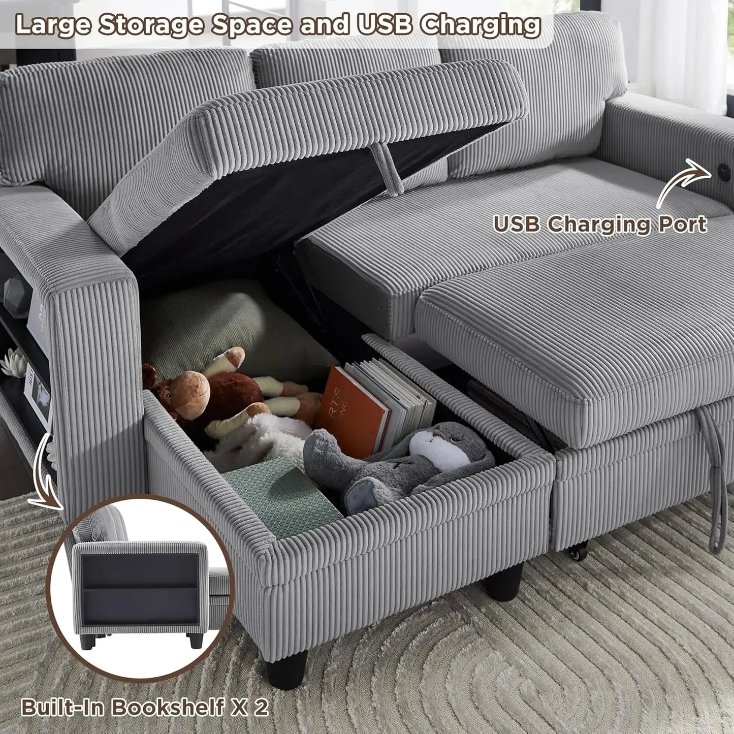 80” Convertible L-shaped Sleeper Sofa with Bookshelves and USB Charging Port