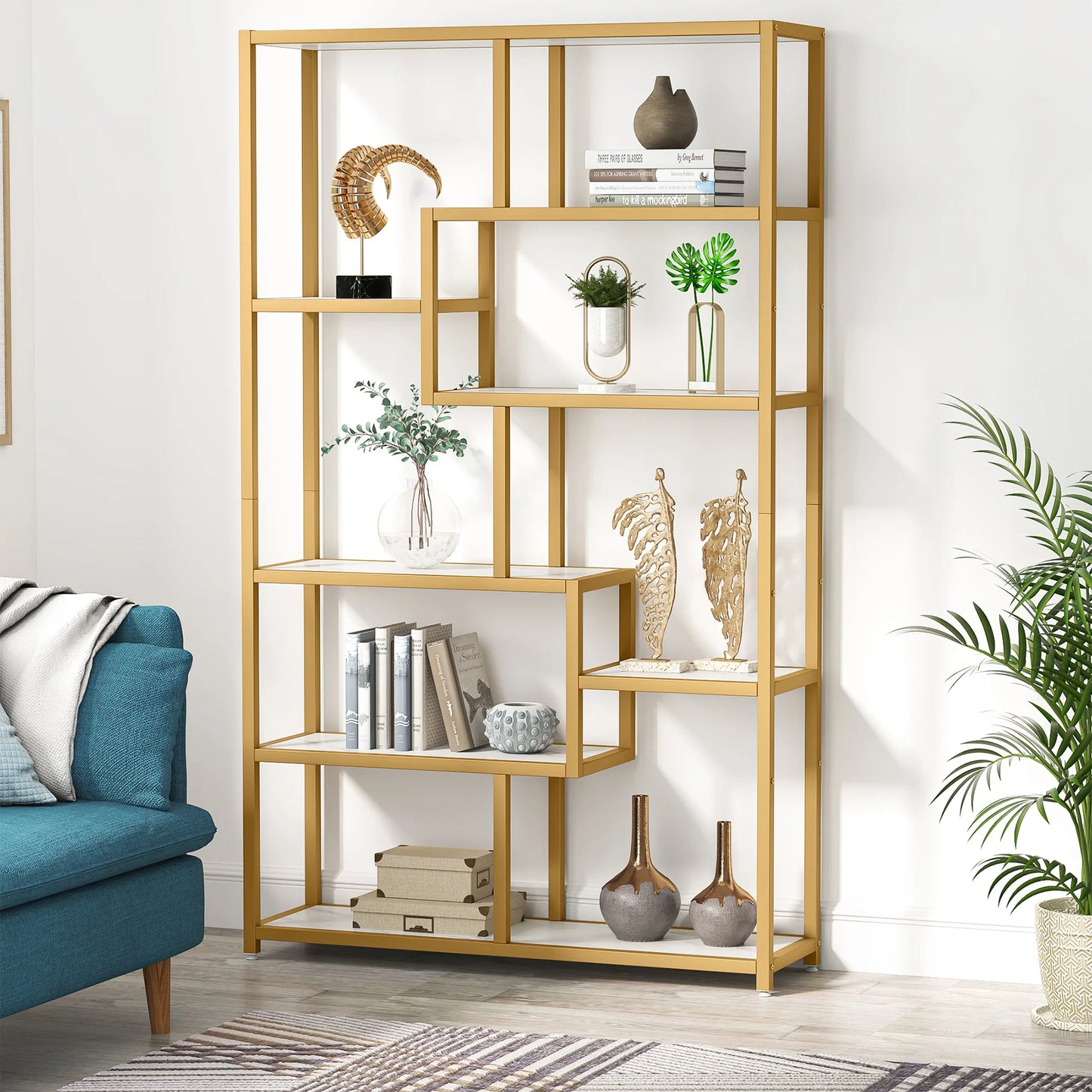 Tribesigns Modern 5 Tier Etagere Bookcase, Gold Display Rack with 8 Shelves