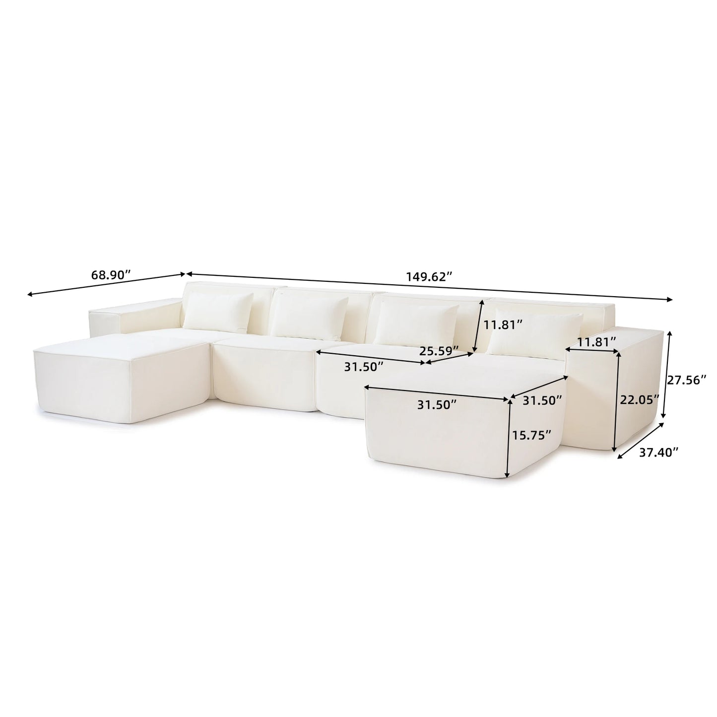 Sdorens 149.62" Modern Oversized U-Shaped Sectional Cloud Sofa with 2 Ottomans