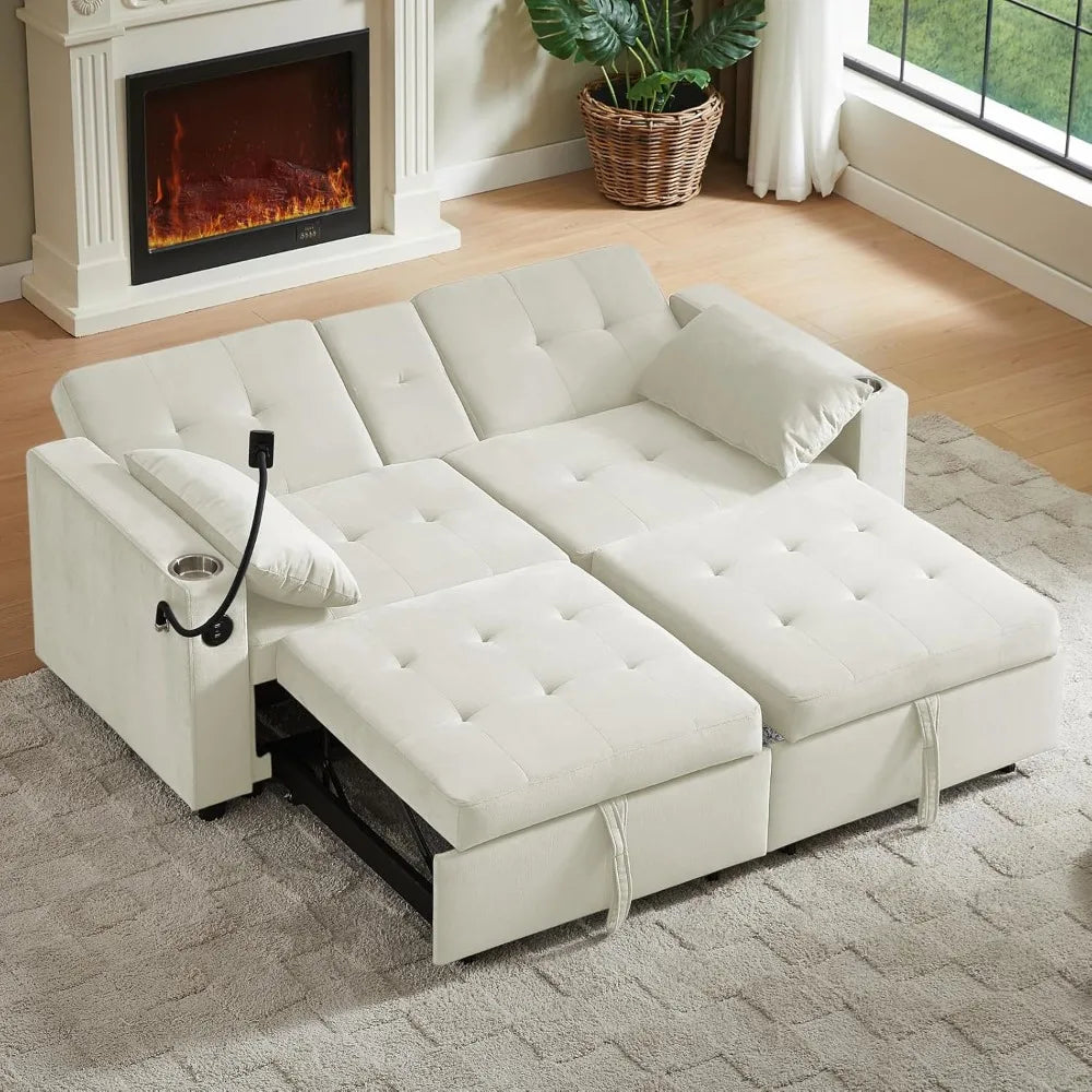 70" Queen Size Pull-out Split-Type Sofa Bed with Cup/Phone Holder and Solid Wood Frame