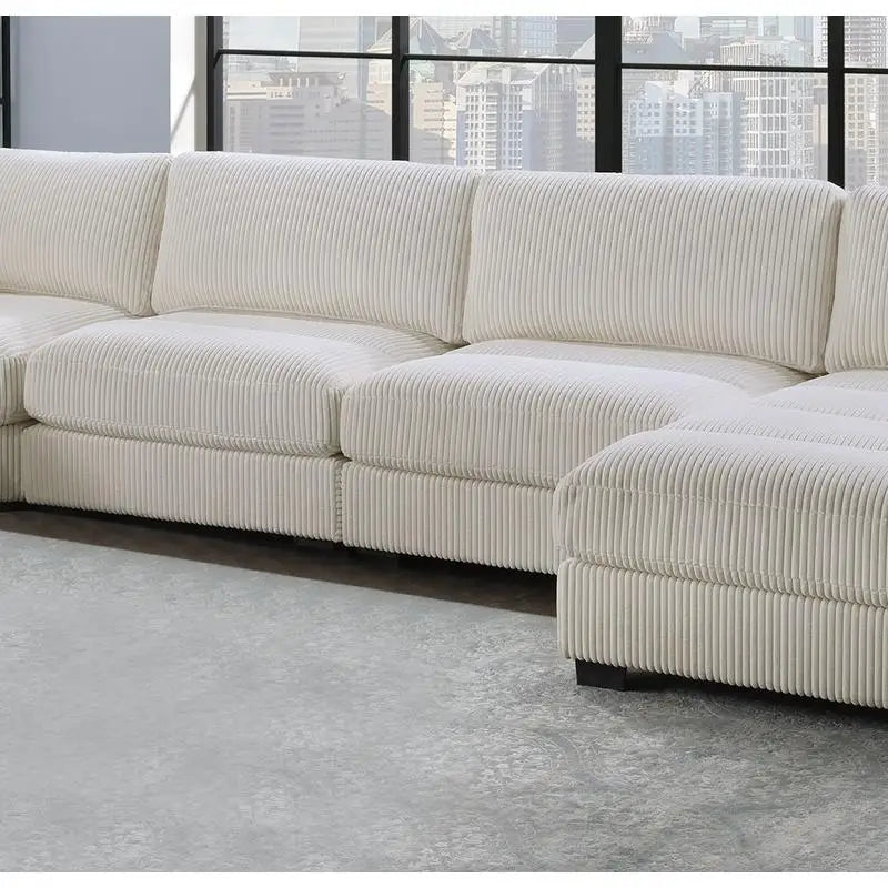 Beige 6-Piece Sectional Sofa Set with Corduroy Fabric, LAF Chair, Corner Wedge, RAF Chaise & 3 Armless Chairs
