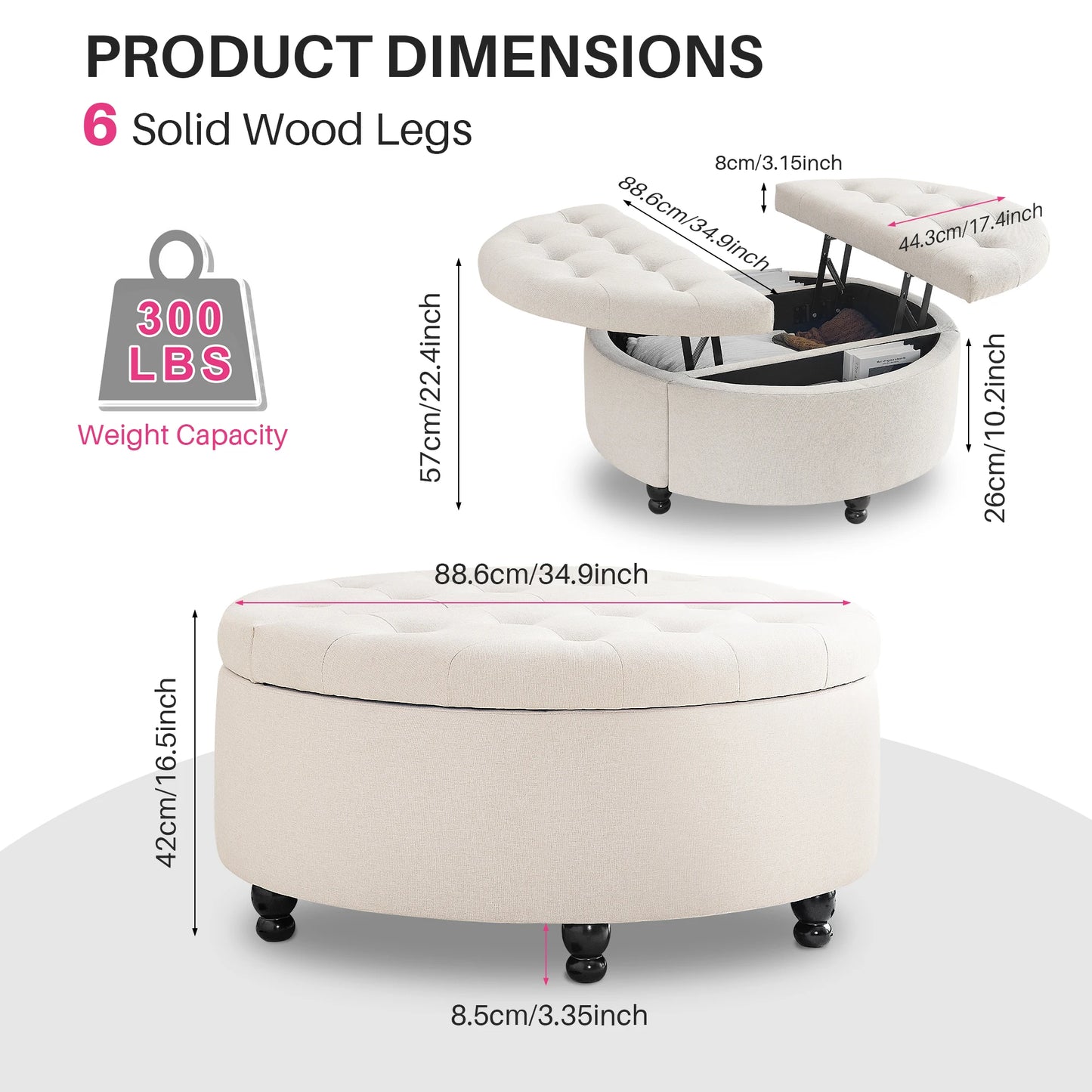 Redlife Upholstered 35" Round Storage Coffee Table