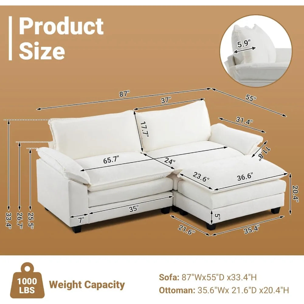 Modern 87" Convertible Sectional L-Shaped Sofa with Deep Seats and Ottoman