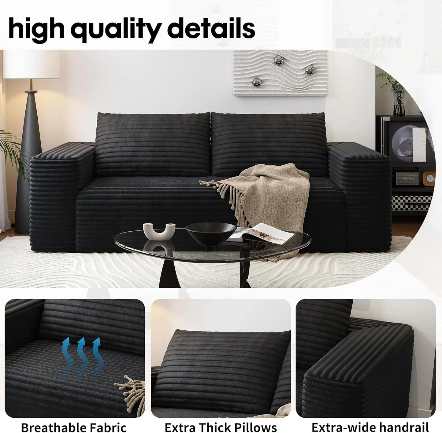 63" Modular Loveseat, with Deep Seats, Corduroy Fabric and No Assembly Required