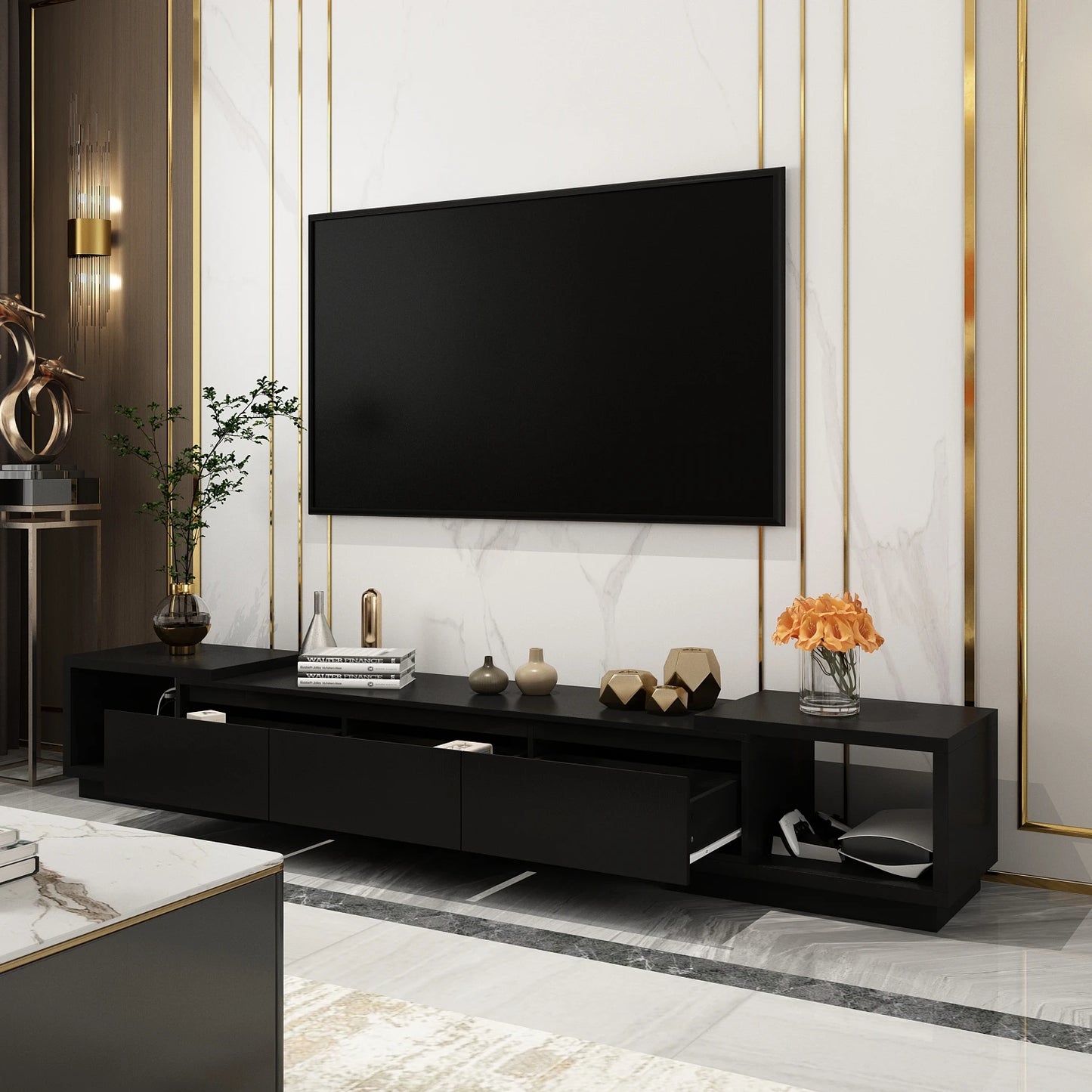 FUFU&GAGA Modern TV stand with 3 drawers, expandable TV console for TVs up to 120"
