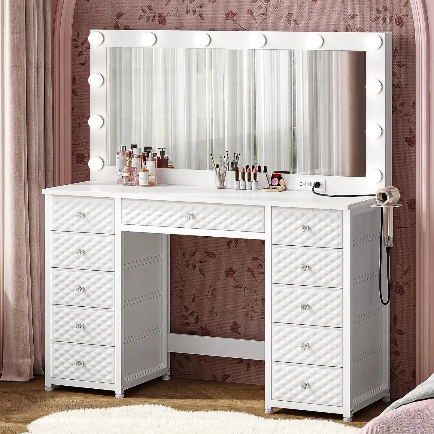 45.3" Vanity with Extra Large Mirror, Lights, Power Strip, and Storage