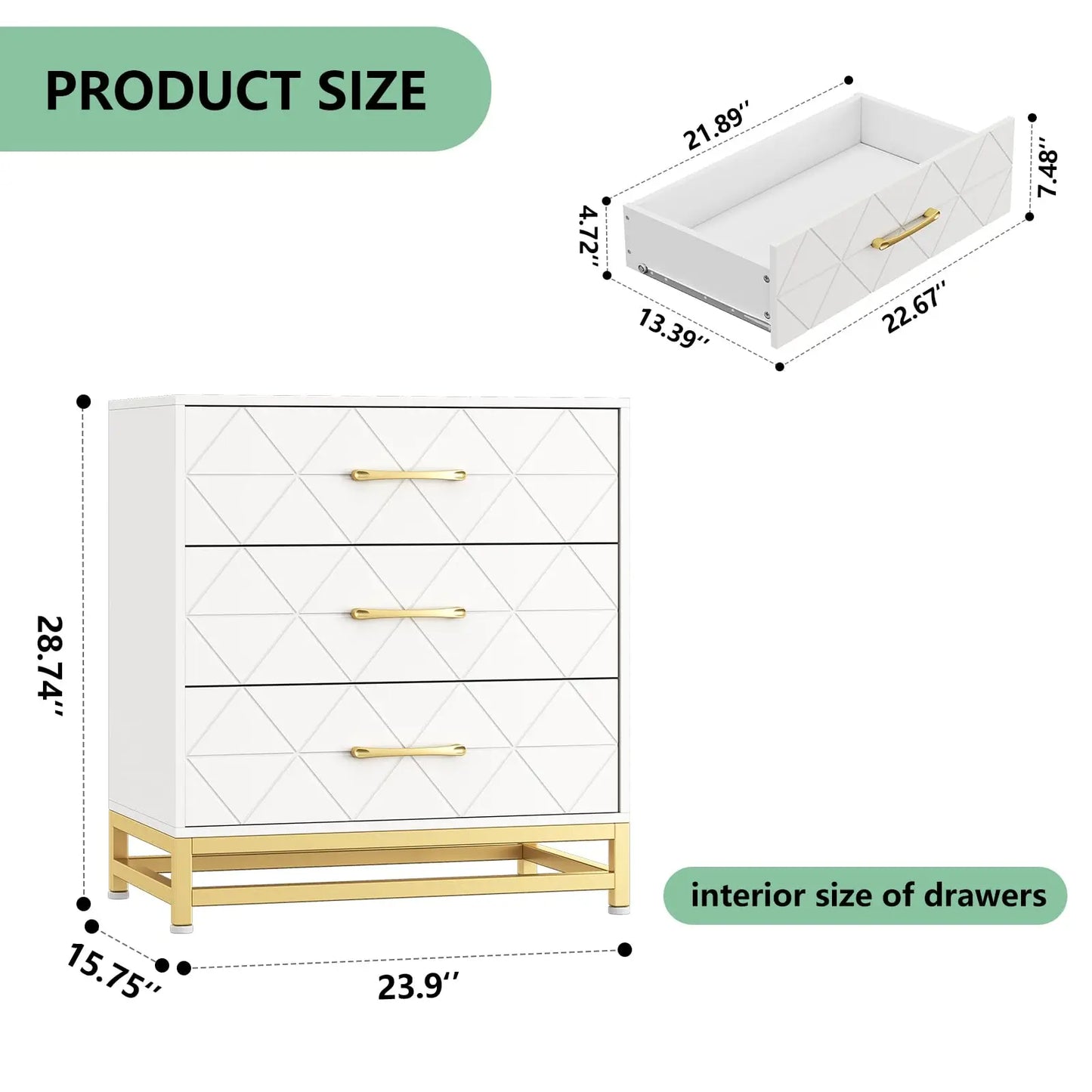 Modern Wood 3 Drawer Chest of Drawers with Gold Metal Handles