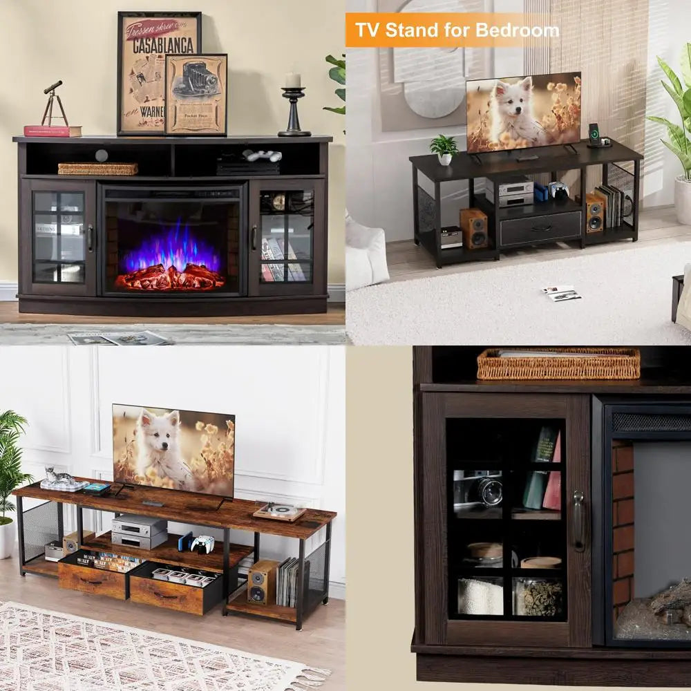 Curved Electric Fireplace Media Center TV Stand with Glass Door