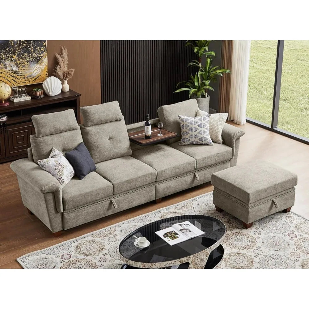 Modern Convertible L Shaped Sectional 4 Seat Sofa with Storage and Cup Holder