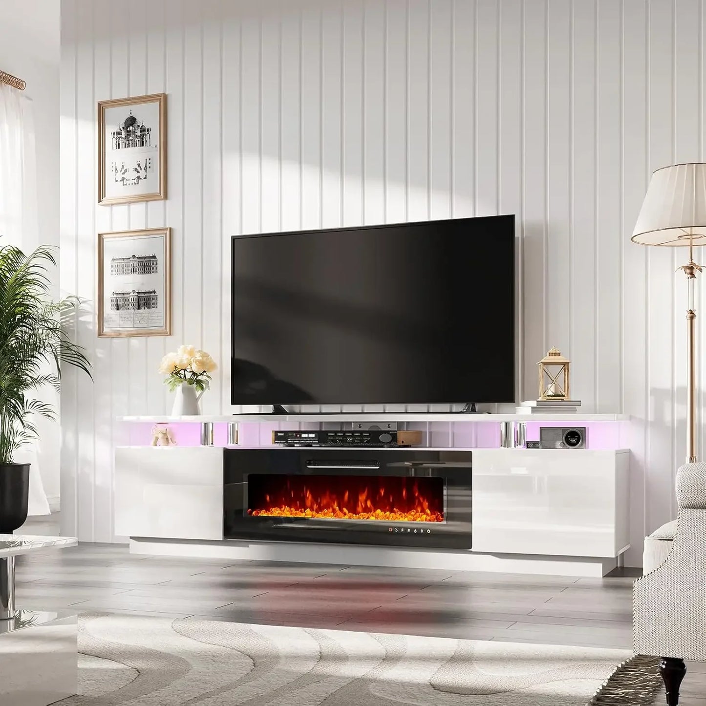Modern High Gloss Fireplace Entertainment Center LED Lights