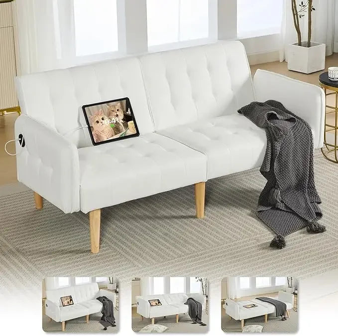 Faux Leather Convertible 65'' Folding Futon Sofa Bed w/ 2 USB, Loveseat for Small Spaces
