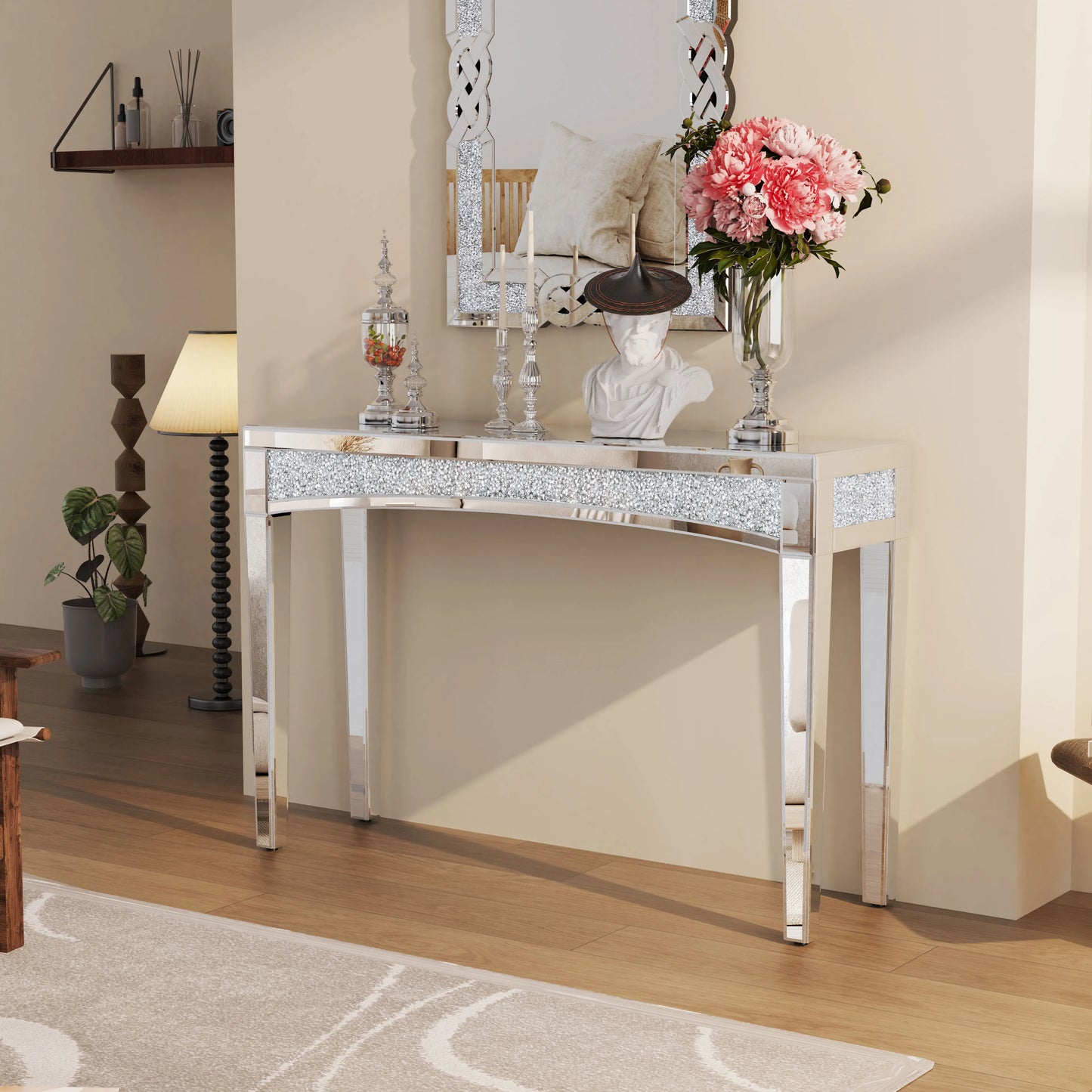 47.2" Mirrored Silver Console Table with Crystal Inlay