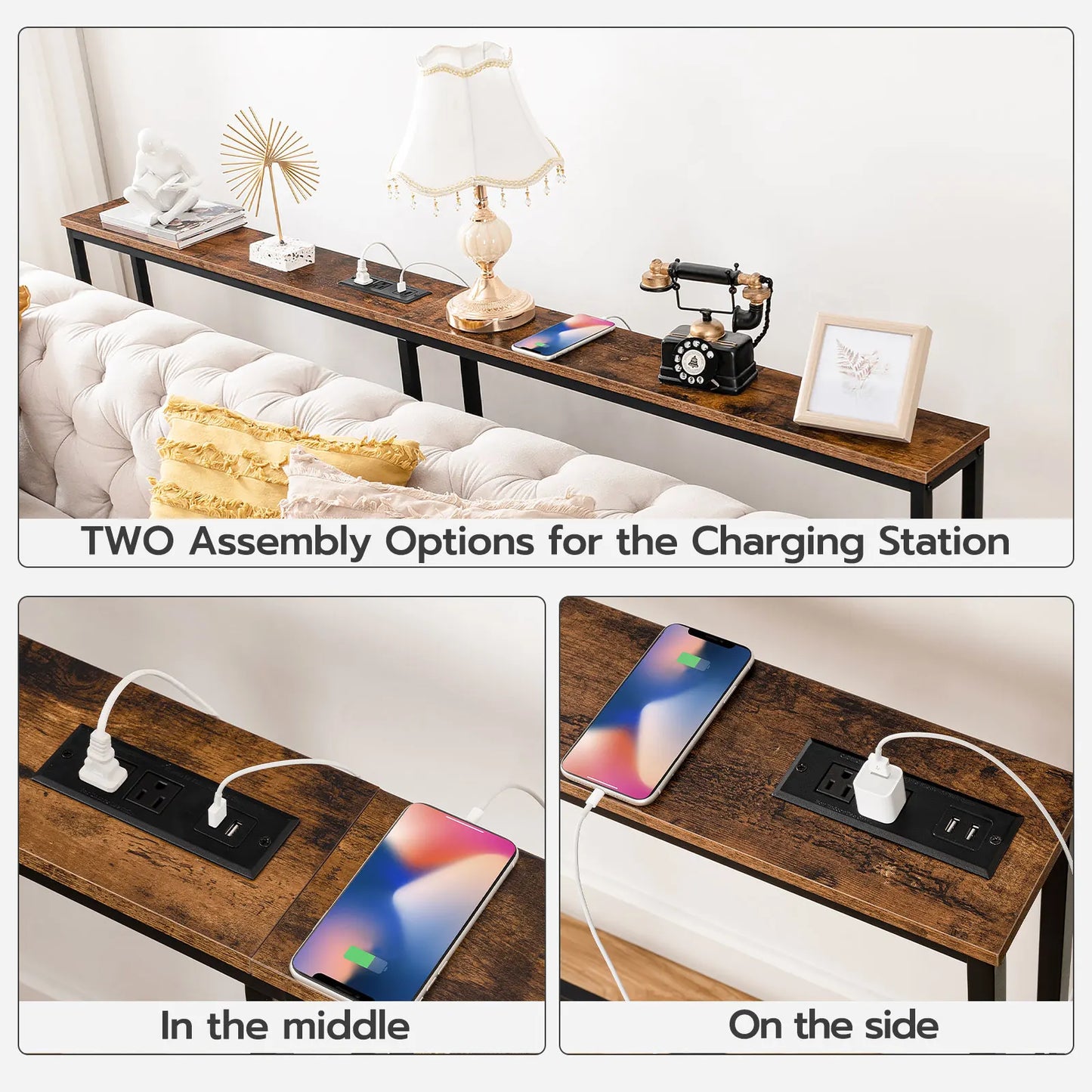 63" Skinny Console Table with Charging Station
