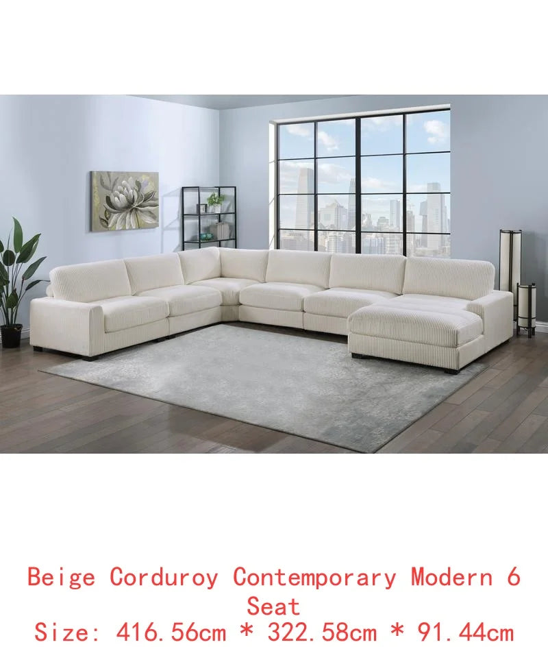Beige 6-Piece Sectional Sofa Set with Corduroy Fabric, LAF Chair, Corner Wedge, RAF Chaise & 3 Armless Chairs