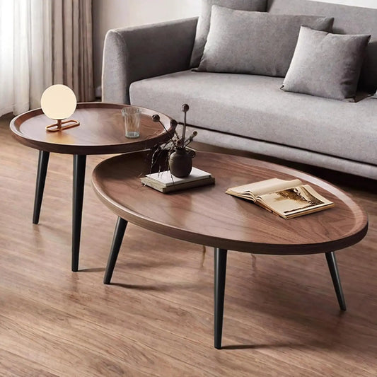 Mid-Century Modern Coffee Table, Oval + Round Side Table Set