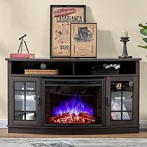 Curved Electric Fireplace Media Center TV Stand with Glass Door