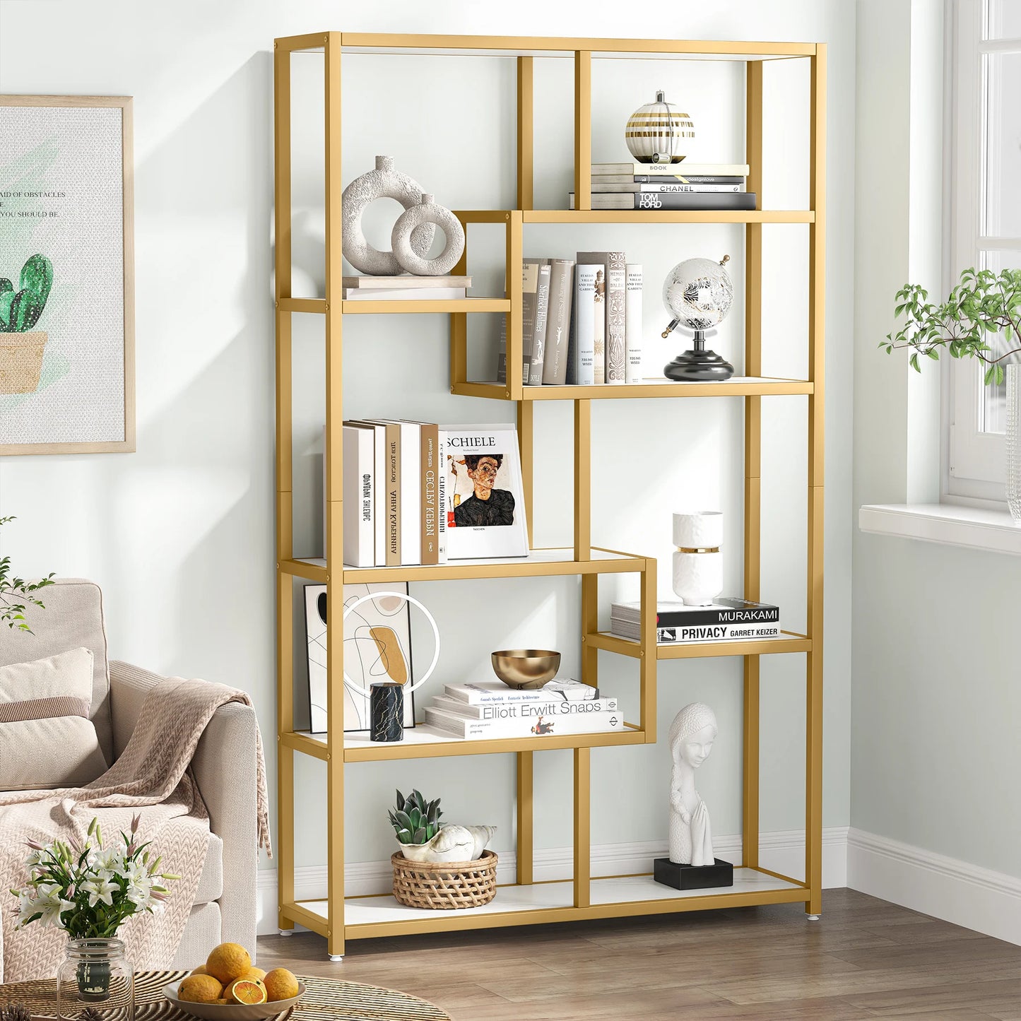 Tribesigns Modern 5 Tier Etagere Bookcase, Gold Display Rack with 8 Shelves