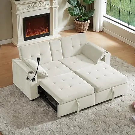 70" Queen Size Pull-out Split-Type Sofa Bed with Cup/Phone Holder and Solid Wood Frame