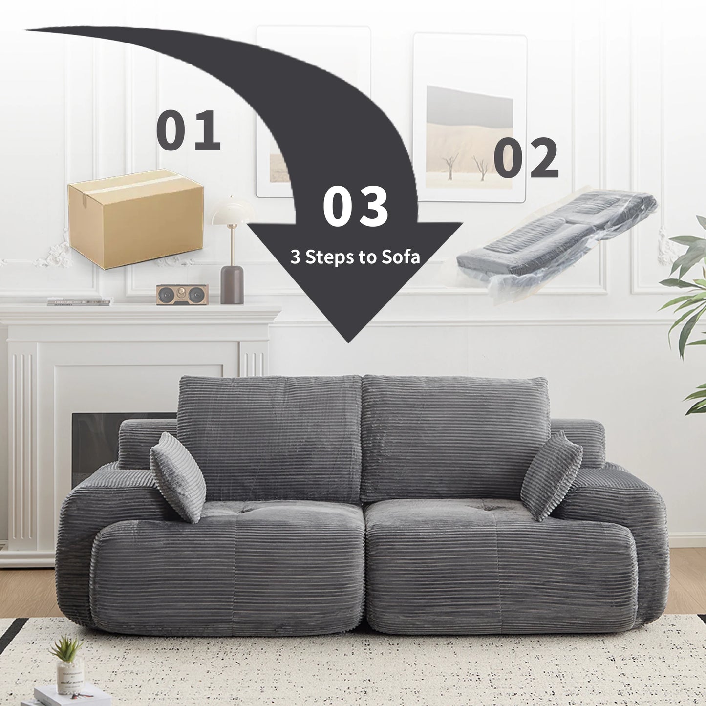 Modern Memory Foam Compressed 2-Seater Corduroy Sofa with No Assembly