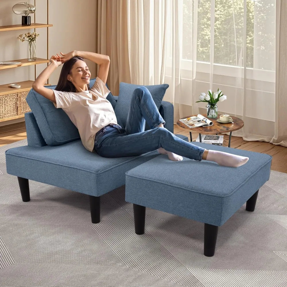 Modern Convertible Small Sectional Chaise with Ottoman & 2 Pillows
