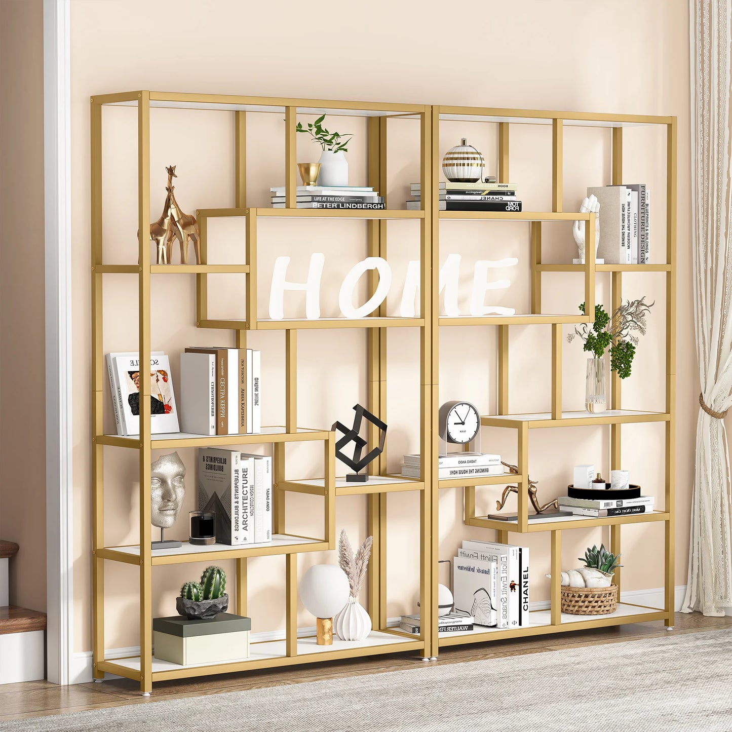 Tribesigns Modern 5 Tier Etagere Bookcase, Gold Display Rack with 8 Shelves