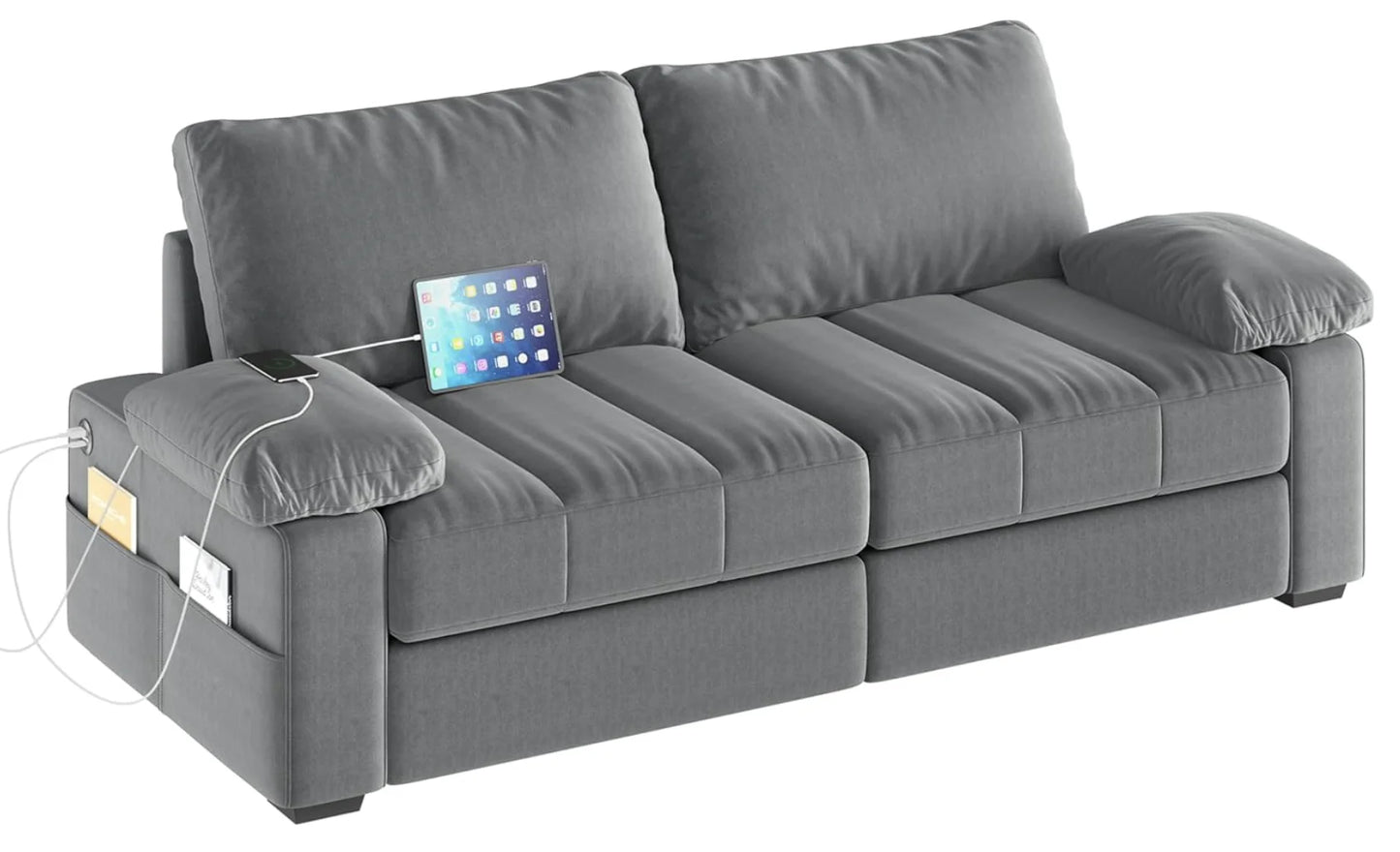 79" Oversized Modern Velvet Sofa Couch with Removable Covers, USB Ports and Storage Pockets