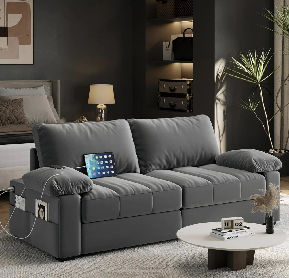 79" Oversized Modern Velvet Sofa Couch with Removable Covers, USB Ports and Storage Pockets