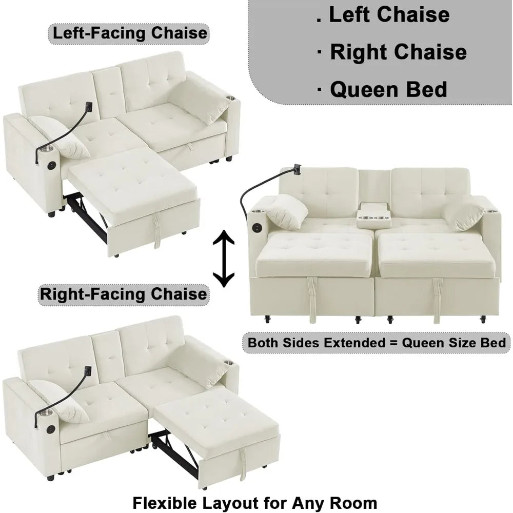 70" Queen Size Pull-out Split-Type Sofa Bed with Cup/Phone Holder and Solid Wood Frame