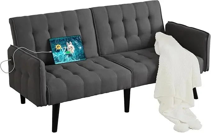 Faux Leather Convertible 65'' Folding Futon Sofa Bed w/ 2 USB, Loveseat for Small Spaces