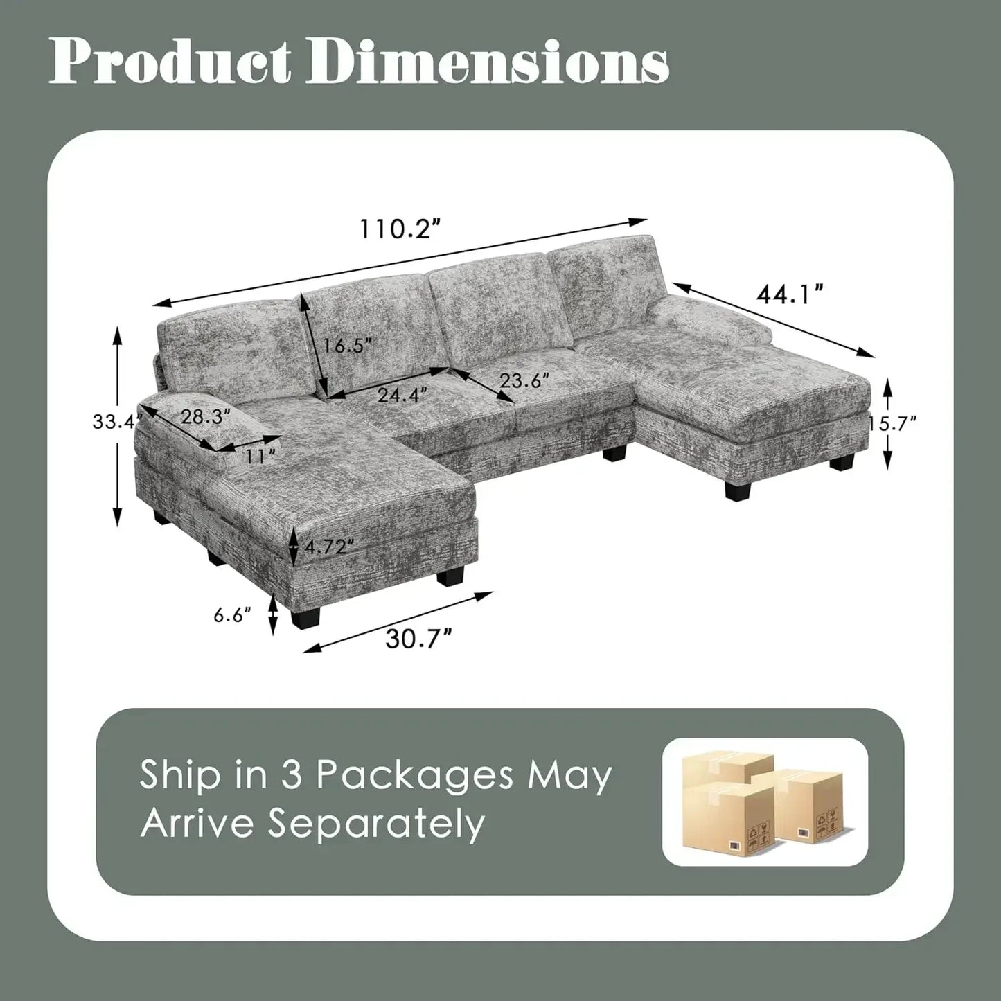 Modern U-Shaped Convertible Sectional Sofa with Double Chaise & Memory Foam