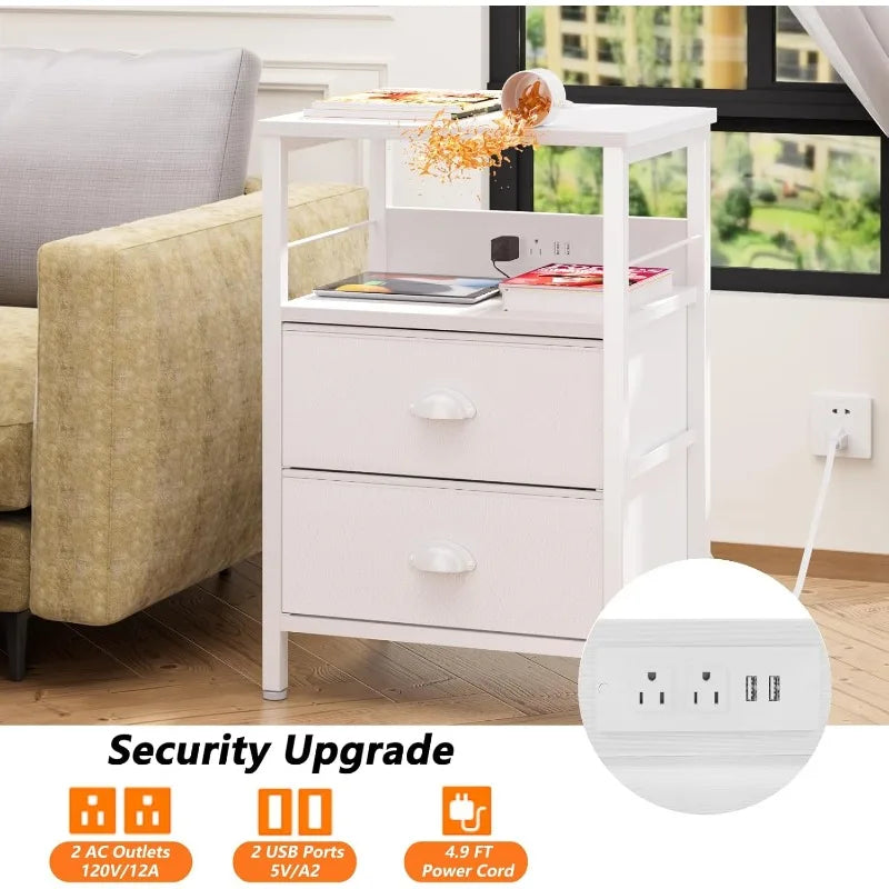 End Table/Night Stand with Charging Station and Fabric Drawers