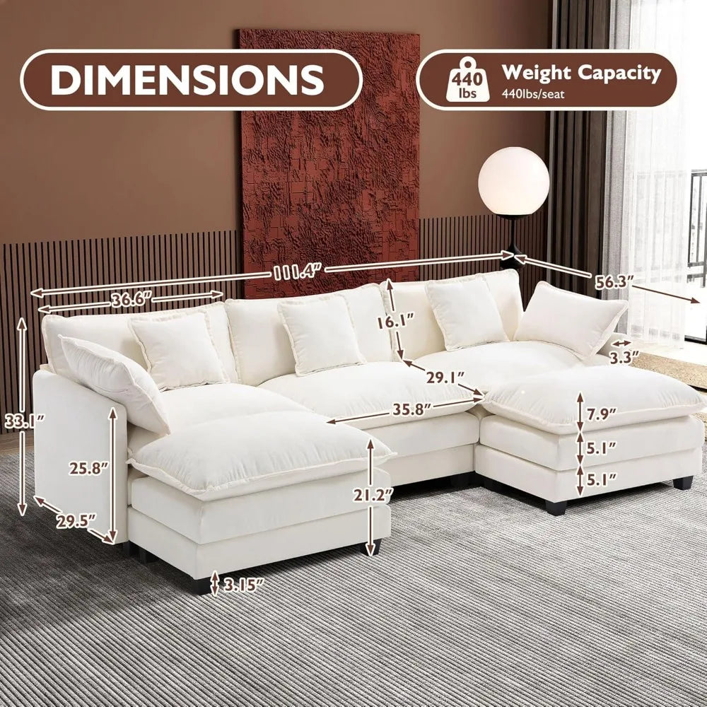 111.4" Modern 5-Seat U Shaped Chenille Deep Seat Cloud Sectional Sofa with 2 Ottoman and 5 Pillows