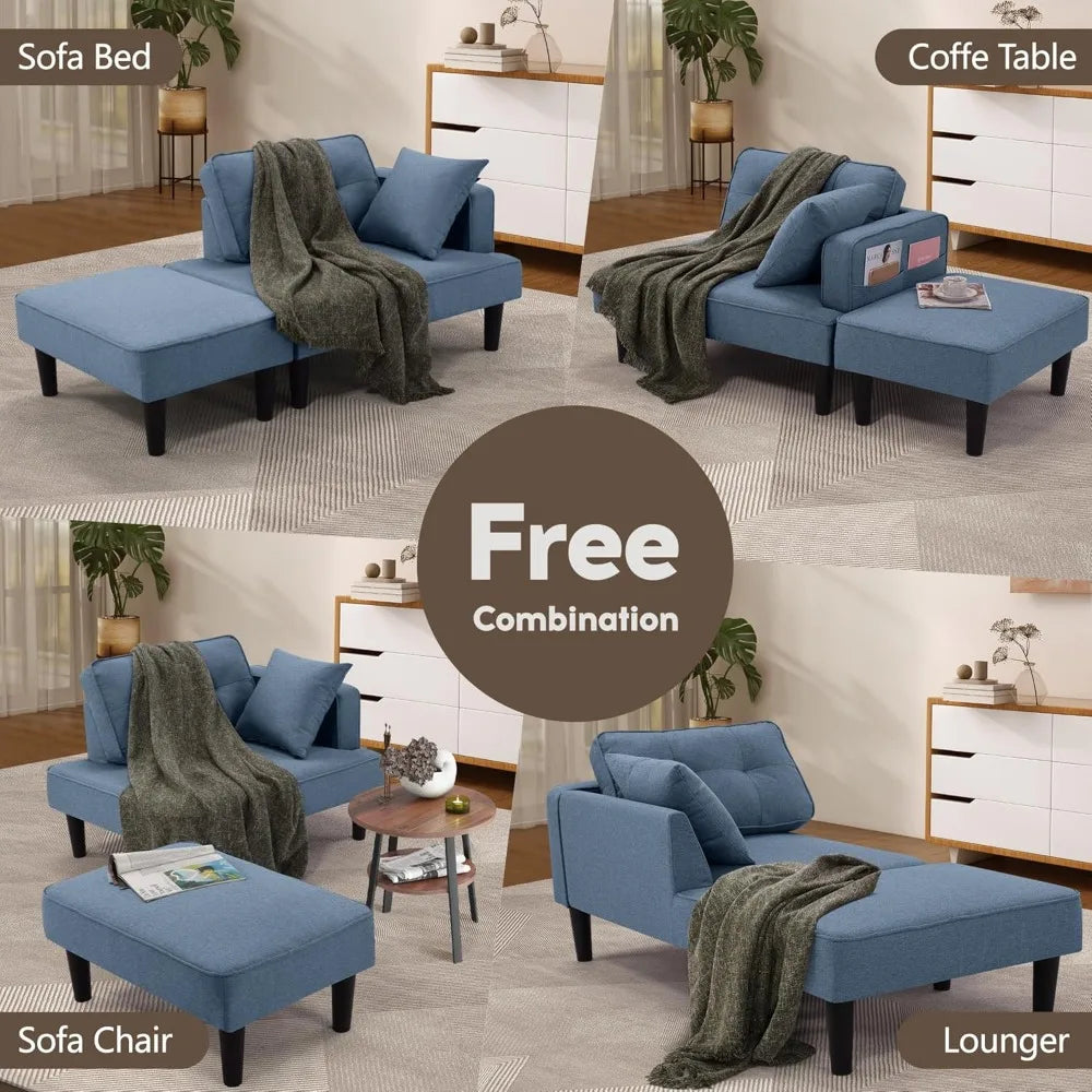 Modern Convertible Small Sectional Chaise with Ottoman & 2 Pillows