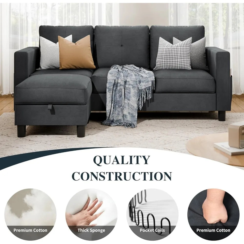 L-Shaped Convertible Sectional Sofa with Reversible Chaise & Ottoman Storage