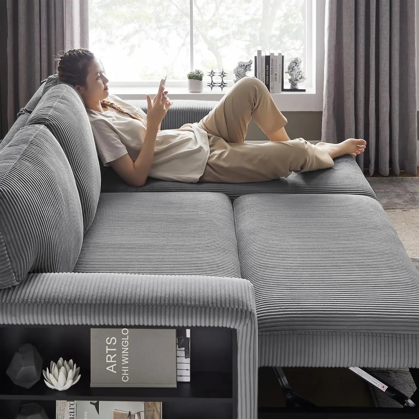 80” Convertible L-shaped Sleeper Sofa with Bookshelves and USB Charging Port