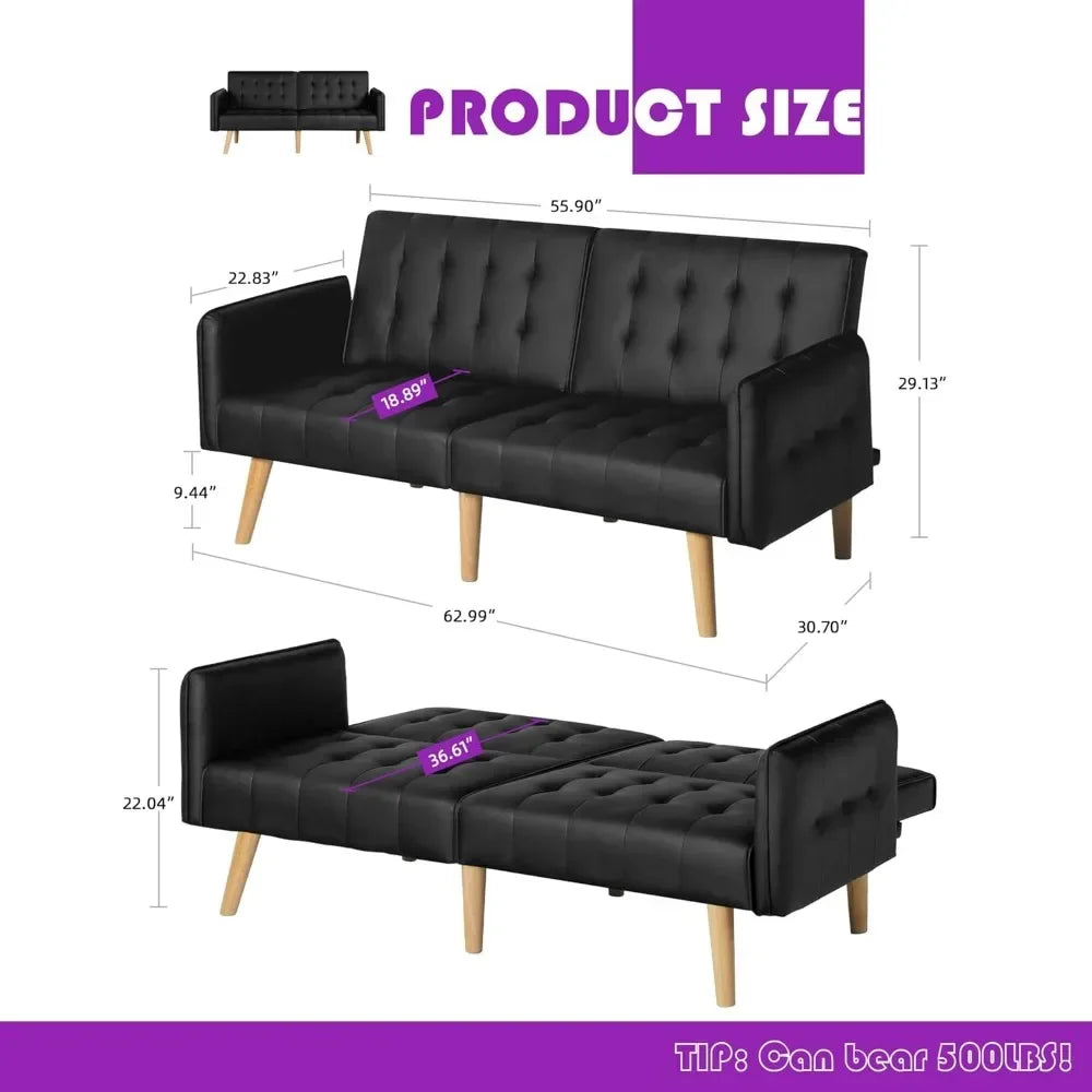 Faux Leather Convertible 65'' Folding Futon Sofa Bed w/ 2 USB, Loveseat for Small Spaces