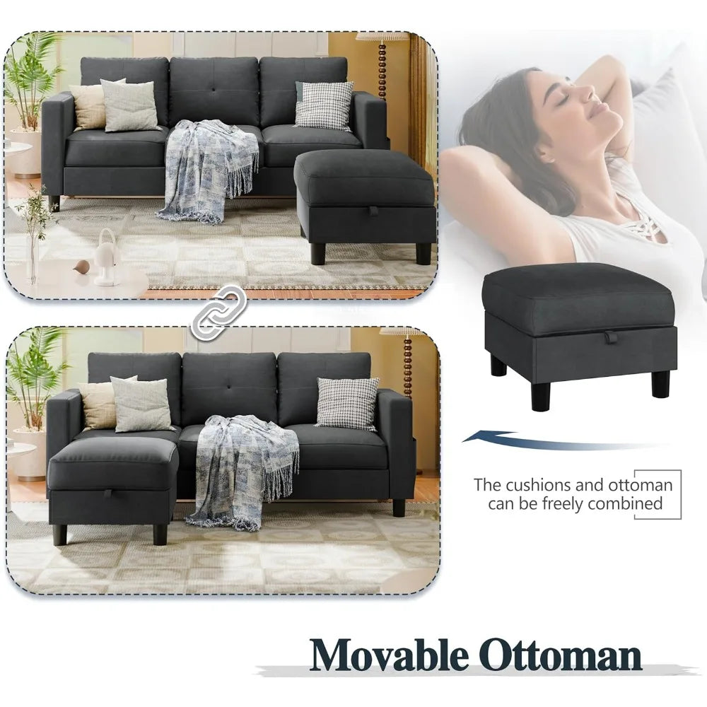 L-Shaped Convertible Sectional Sofa with Reversible Chaise & Ottoman Storage